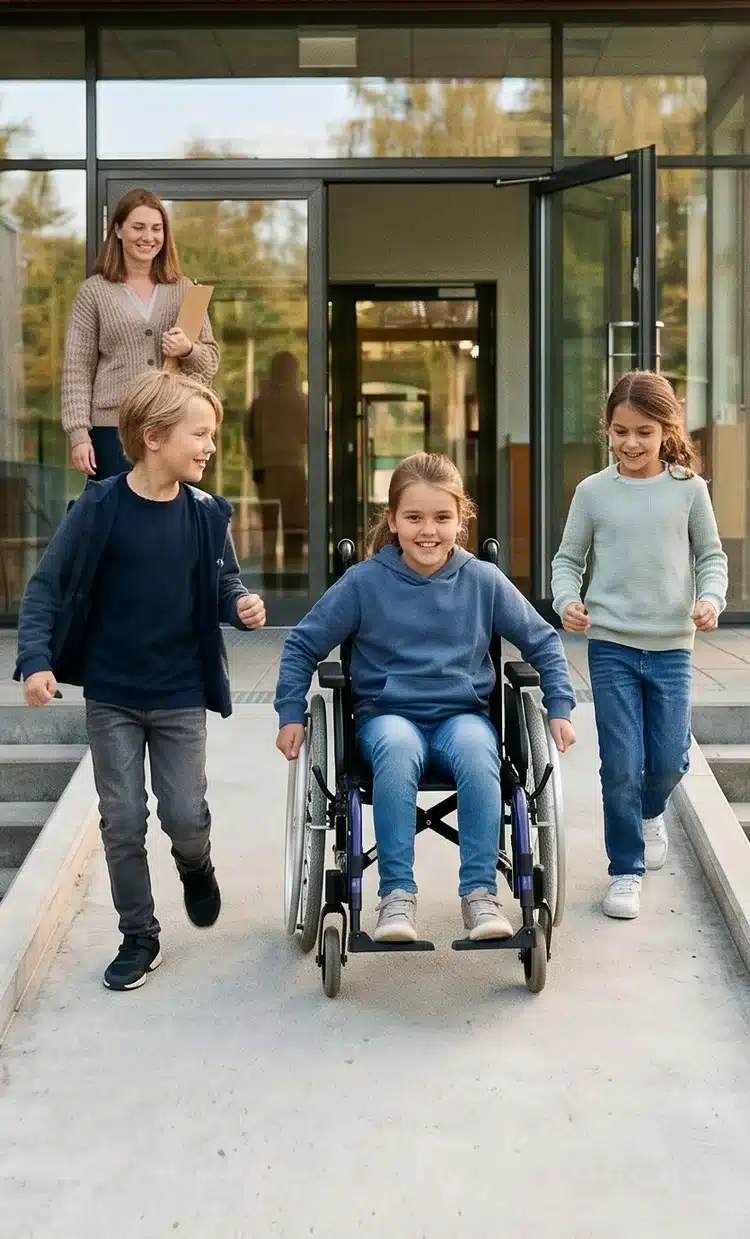 Kinder, eines im Rollstuhl, kommen mit einer Lehrerin aus einem Schulgebäude