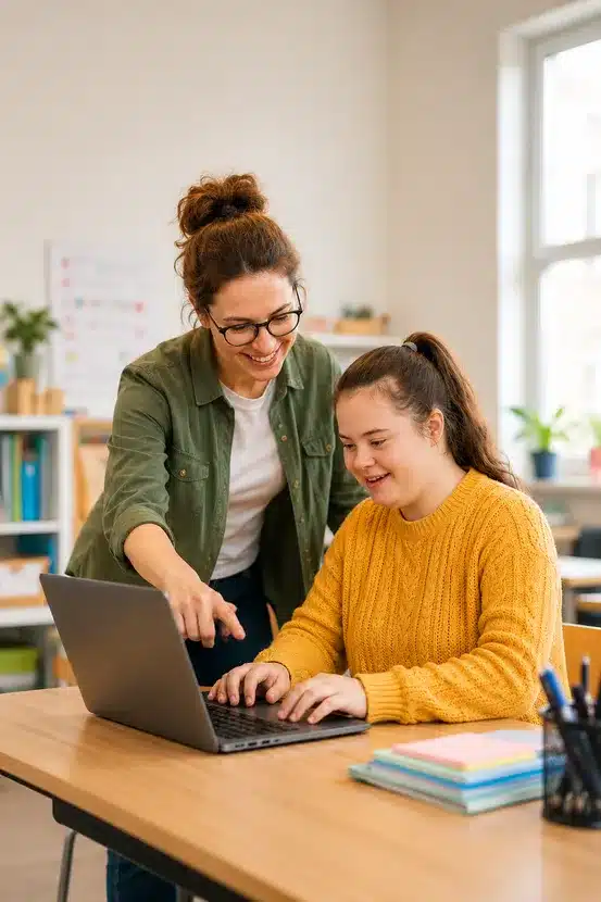 Lehrerin unterstützt eine Schülerin am Laptop